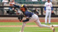 Milwaukee Brewers starting pitcher Freddy Peralta (51) delivers a pitch during the first inning against the New York Mets at Citi Field.