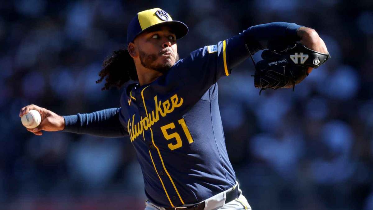 Milwaukee Brewers starting pitcher Freddy Peralta (51) pitches against the New York Yankees during the first inning at Yankee Stadium.