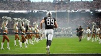 Las Vegas Raiders tight end Brock Bowers (89) enters the field before the game against the Cleveland Browns at Allegiant Stadium.