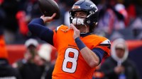 Denver Broncos quarterback Jarrett Stidham (8) practices before the 2026 AFC Championship Game at Empower Field at Mile High.