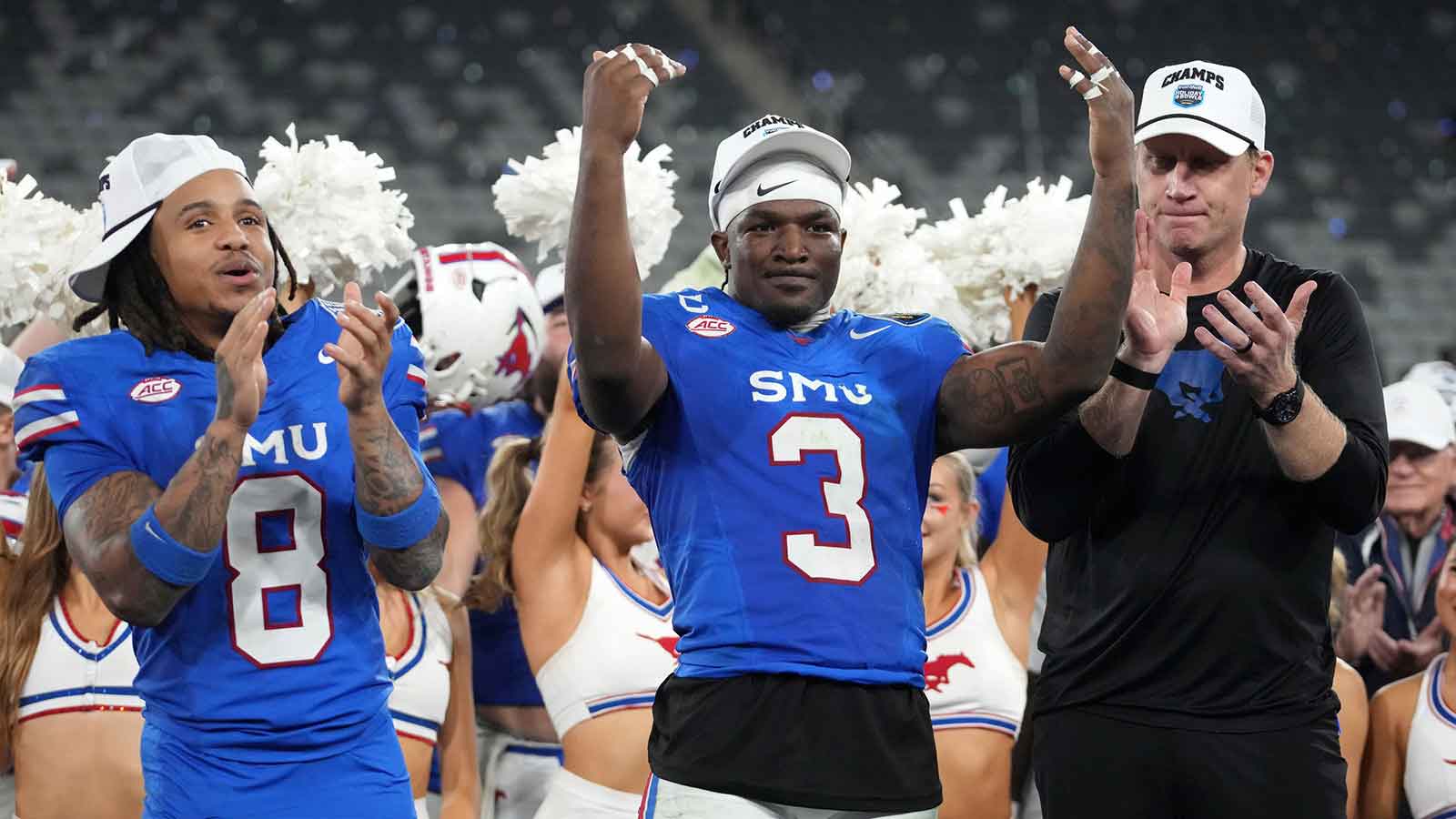 SMU Mustangs wide receiver Yamir Knight (8), safety Ahmaad Moses (3) and head coach Rhett Lashlee react over victory over the Arizona Wildcats in the Holiday Bowl at Snapdragon Stadium.