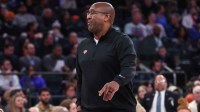 New York Knicks head coach Mike Brown reacts after calling a timeout in the second quarter against the Atlanta Hawks at Madison Square Garden.