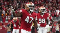 San Francisco 49ers defensive end Bryce Huff (47) celebrates after a fumble recovery against the Atlanta Falcons during the second quarter at Levi's Stadium.