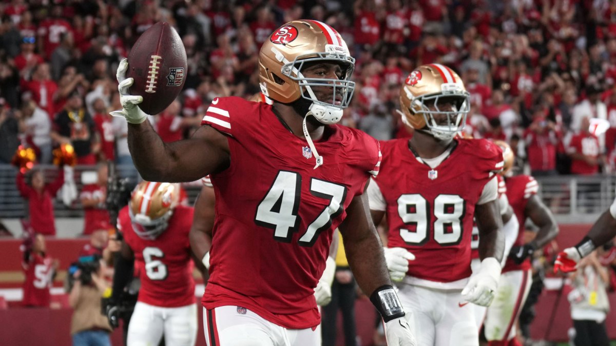 San Francisco 49ers defensive end Bryce Huff (47) celebrates after a fumble recovery against the Atlanta Falcons during the second quarter at Levi's Stadium.