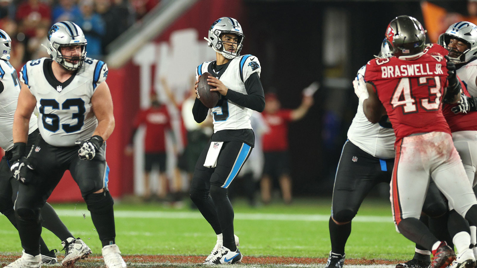 Carolina Panthers quarterback Bryce Young (9) looks to pass against the Tampa Bay Buccaneers in the second half at Raymond James Stadium.