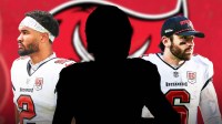 Mystery player in the middle, Baker Mayfield, Emeka Egbuka around him, Tampa Bay Buccaneers wallpaper in the background