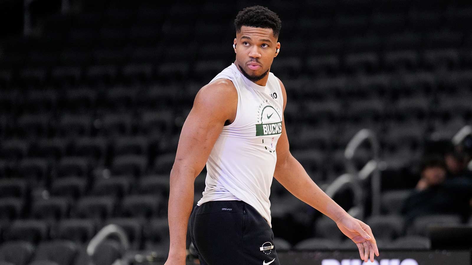 Milwaukee Bucks forward Giannis Antetokounmpo (34) during warmups prior to the game against the Washington Wizards at Fiserv Forum.