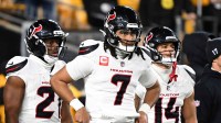 Houston Texans quarterback C.J. Stroud (7) warms up before an AFC Wild Card Round game against the Pittsburgh Steelers at Acrisure Stadium.