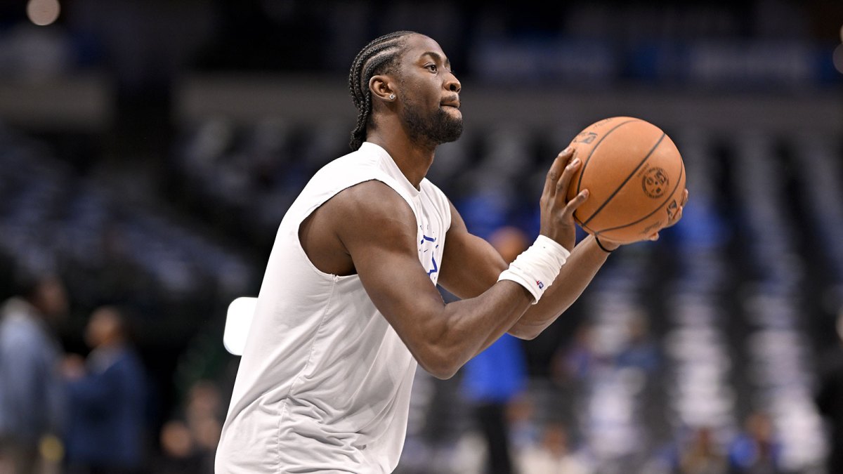 Detroit Pistons guard Caris LeVert (8) warms up before the game between the Dallas Mavericks and the Detroit Pistons at the American Airlines Center.