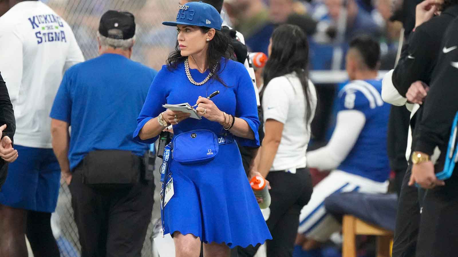 Indianapolis Colts owner Carlie Irsay-Gordon walks the sideline during the game against the Las Vegas Raiders at Lucas Oil Stadium.