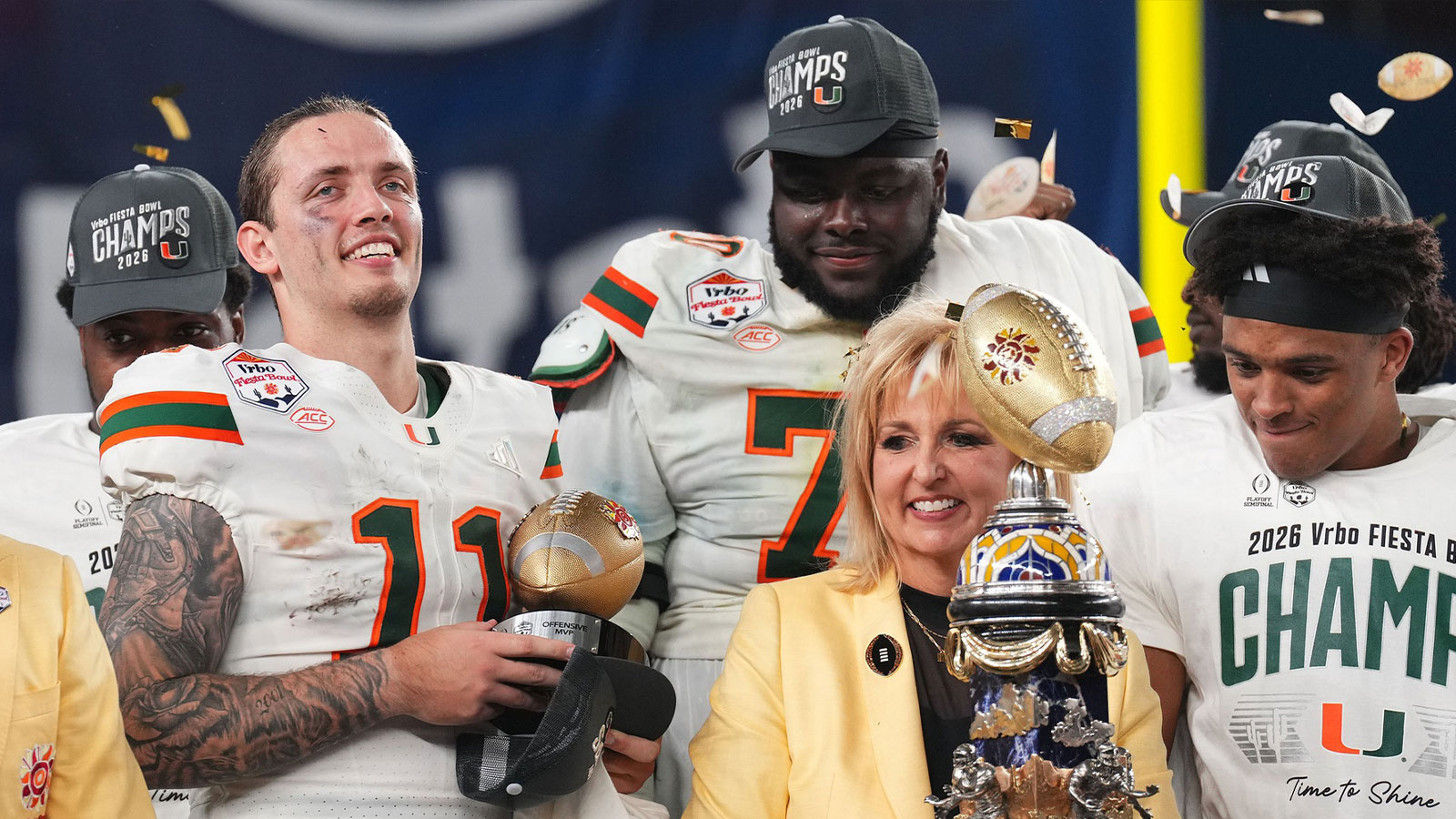 Miami Hurricanes quarterback Carson Beck (11) reacts after winning the 2026 Fiesta Bowl and semifinal game of the College Football Playoff at State Farm Stadium.