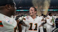 Miami quarterback Carson Beck (11) celebrates on the field after winning the CFP Fiesta Bowl against Ole Miss at the State Farm Stadium, in Glendale, Ariz., on Thursday, Jan. 8, 2026.