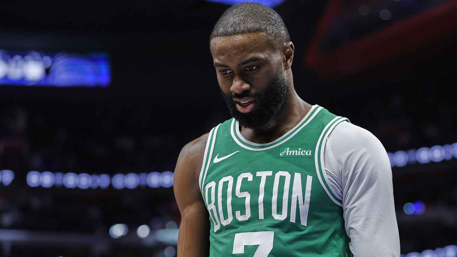 Boston Celtics guard Jaylen Brown (7) leaves the court after the game against the Detroit Pistons at Little Caesars Arena.