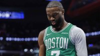 Boston Celtics guard Jaylen Brown (7) leaves the court after the game against the Detroit Pistons at Little Caesars Arena.