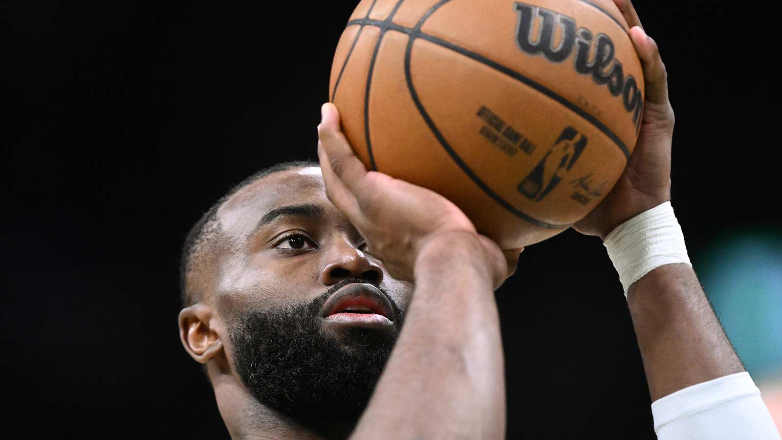Celtics guard Jaylen Brown (7) attempts a free throw against the Atlanta Hawks during the second half at the TD Garden