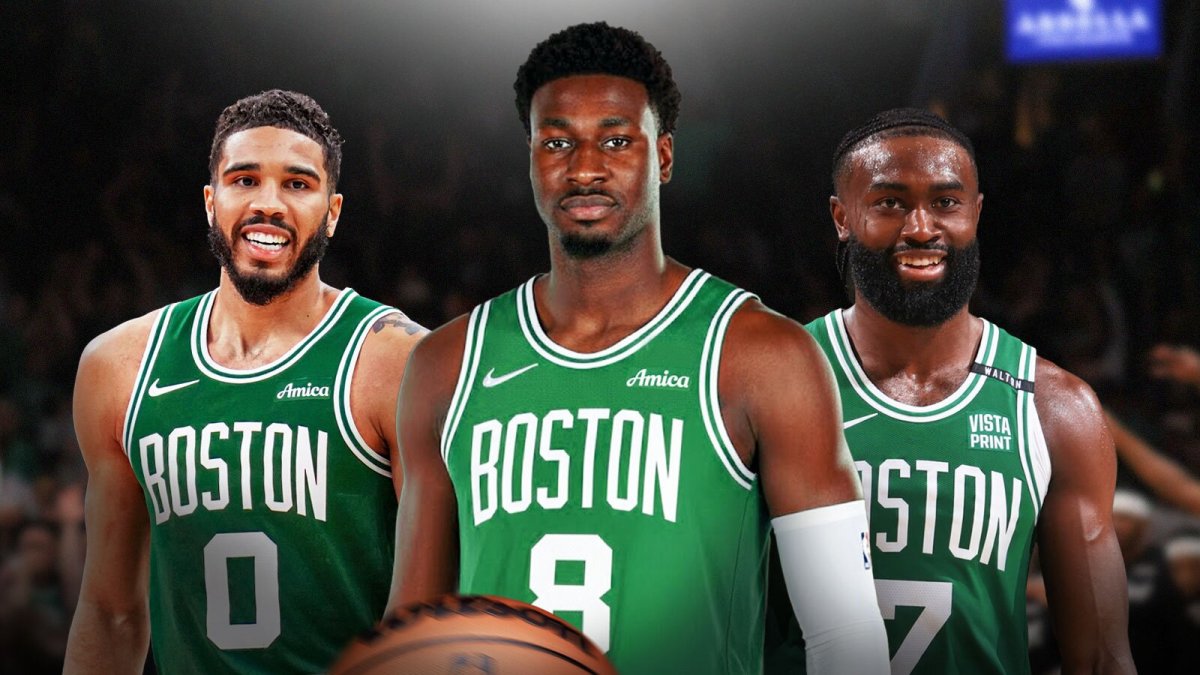 Jaren Jackson Jr. in Celtics uniform, with Jayson Tatum and Jaylen Brown hyped up beside him