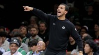 Boston Celtics head coach Joe Mazzulla coaches against the Brooklyn Nets during the fourth quarter at Barclays Center.