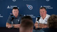 Chad Brinker, president of football operations for the Tennessee Titans, left, and Mike Borgonzi, general manager, field questions from the media at Ascension Saint Thomas Sports Park in Nashville, Tenn., Tuesday, July 22, 2025.