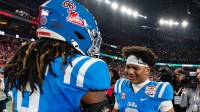 Ole Miss quarterback Trinidad Chambliss (6) cries after losing the CFP Fiesta Bowl against Miami at the State Farm Stadium, in Glendale, Ariz., on Thursday, Jan. 8, 2026.