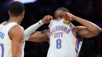 Oklahoma City Thunder guard Jalen Williams (8) reacts against the Miami Heat during the second quarter at Kaseya Center.