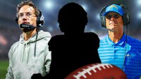 Chargers' Jim Harbaugh on one side, Mike McDaniel on the other (not in Dolphins clothing) and a silhouette of Denzel Boston in the middle with an NFL draft background
