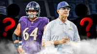Chargers head coach Jim Harbaugh with Ravens center Tyler Linderbaum and two silhouettes of American football players with big question mark emojis inside. There is also a logo for the Los Angeles Chargers.