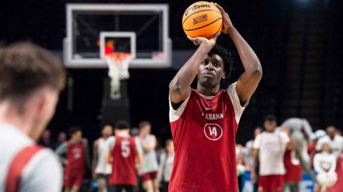 Alabama Crimson Tide center Charles Bediako (14) takes free throws during practice before the first round of NCAA Tournament at Legacy Arena in Birmingham, Ala., on Wednesday, March 15, 2023.