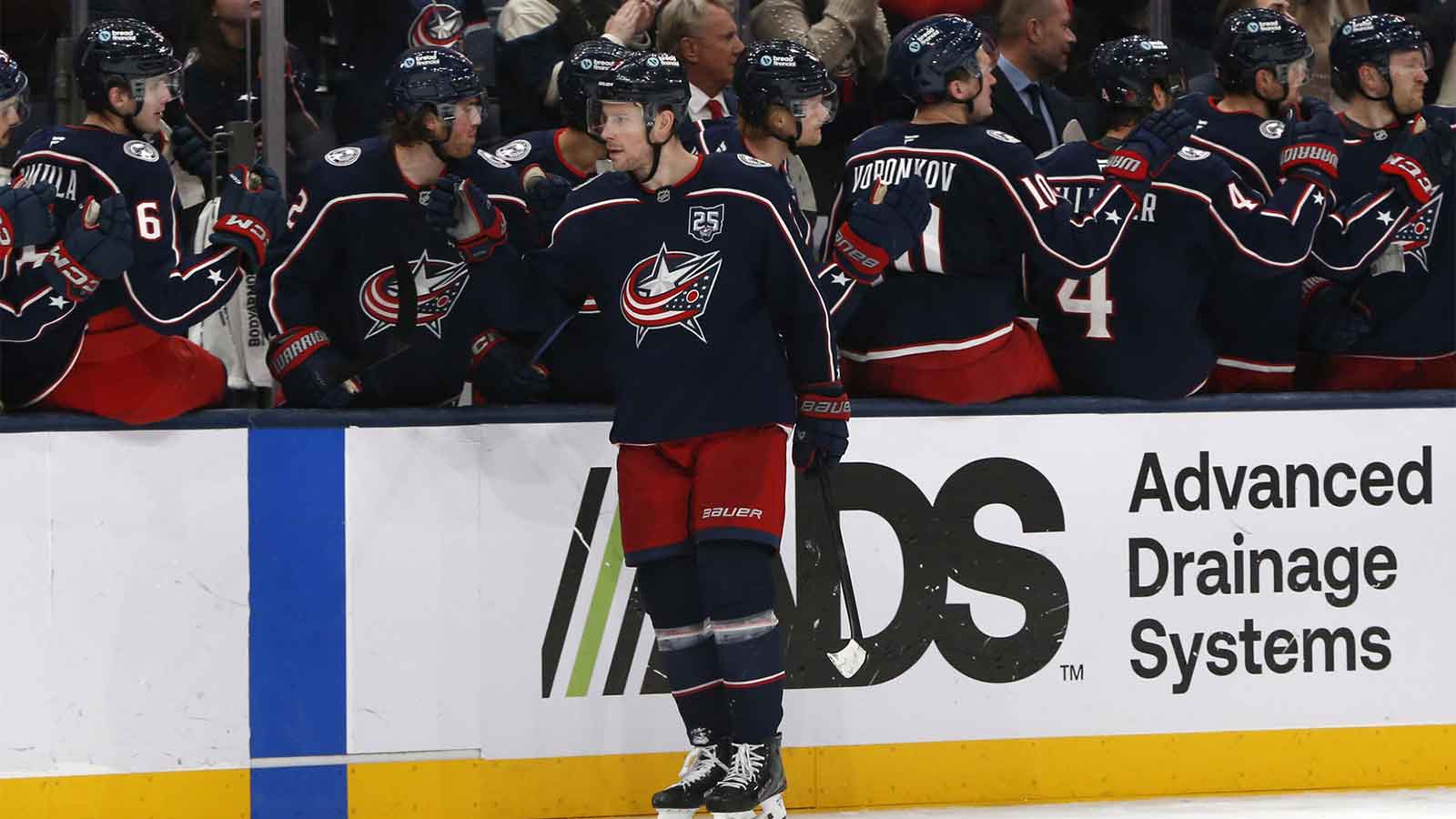 Columbus Blue Jackets center Charlie Coyle (3) celebrates his goal against the Calgary Flames during the third period at Nationwide Arena.