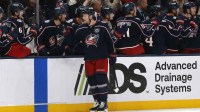 Columbus Blue Jackets center Charlie Coyle (3) celebrates his goal against the Calgary Flames during the third period at Nationwide Arena.