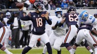 Chicago Bears quarterback Caleb Williams (18) passes the ball against the Detroit Lions during the first half at Soldier Field. Mandatory Credit: David Banks-Imagn Images