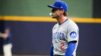 Chicago Cubs second baseman Nico Hoerner (2) looks on before the game against the Milwaukee Brewers during game two of the NLDS round for the 2025 MLB playoffs at American Family Field. Mandatory Credit: Michael McLoone-Imagn Images