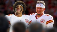 Jordan Tyson photoshopped in Chiefs jersey alongside Patrick Mahomes.