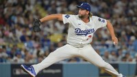 Los Angeles Dodgers pitcher Clayton Kershaw (22) pitches during the eighth inning against the Philadelphia Phillies during game three of the NLDS round for the 2025 MLB playoffs at Dodger Stadium.