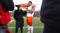 Cleveland Browns defensive end Myles Garrett (95) participates in an interview following a victory against the Cincinnati Bengals at Paycor Stadium.