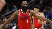 Clippers guard James Harden (1) stands on the court prior to the opening tip against the Washington Wizards at Capital One Arena