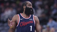 Clippers guard James Harden (1) reacts after a shot