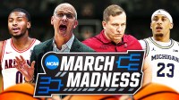 March Madness logo in the front Behind it, from left: Arizona PG Jaden Bradley, UConn HC Dan Hurley, Iowa State HC TJ Otzelberger. Michigan F Yaxel Lendeborg