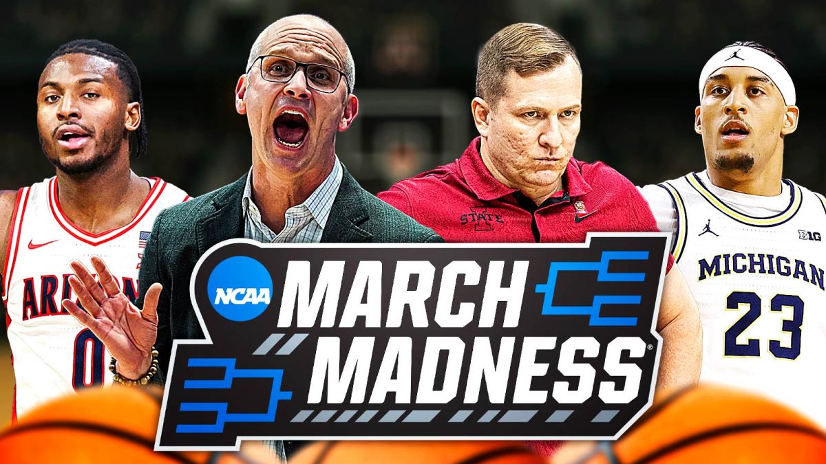 March Madness logo in the front Behind it, from left: Arizona PG Jaden Bradley, UConn HC Dan Hurley, Iowa State HC TJ Otzelberger. Michigan F Yaxel Lendeborg