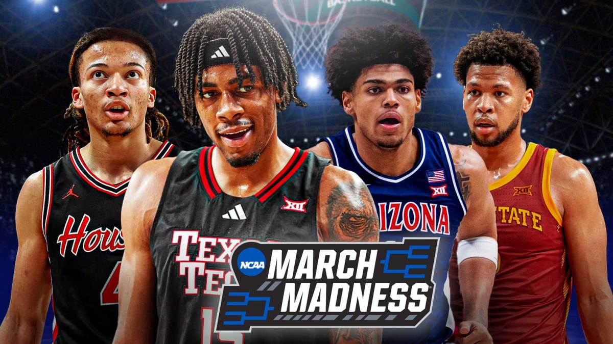 Texas Tech's JT Toppin, Houston's Kingston Flemings, Arizona's Koa Peat and Iowa State's Joshua Jefferson March Madness Bracketology logo in front