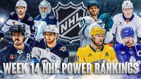 Mark Scheifele, Kyle Connor, Josh Morrissey and Connor Hellebuyck on one side looking stern, Steven Stamkos, Auston Matthews, Alex Wennberg and Matthew Schaefer on other side, NHL logo in middle, hockey rink in background, Text: Week 14 NHL Power Rankings