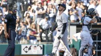 New York Yankees outfielder Cody Bellinger (35) reacts after striking out against the Chicago White Sox during the ninth inning at Rate Field.