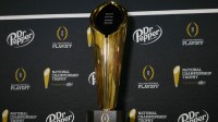 A general view of the trophy during media day for the 2025 College Football Playoff National Championship at Miami Beach Convention Center.