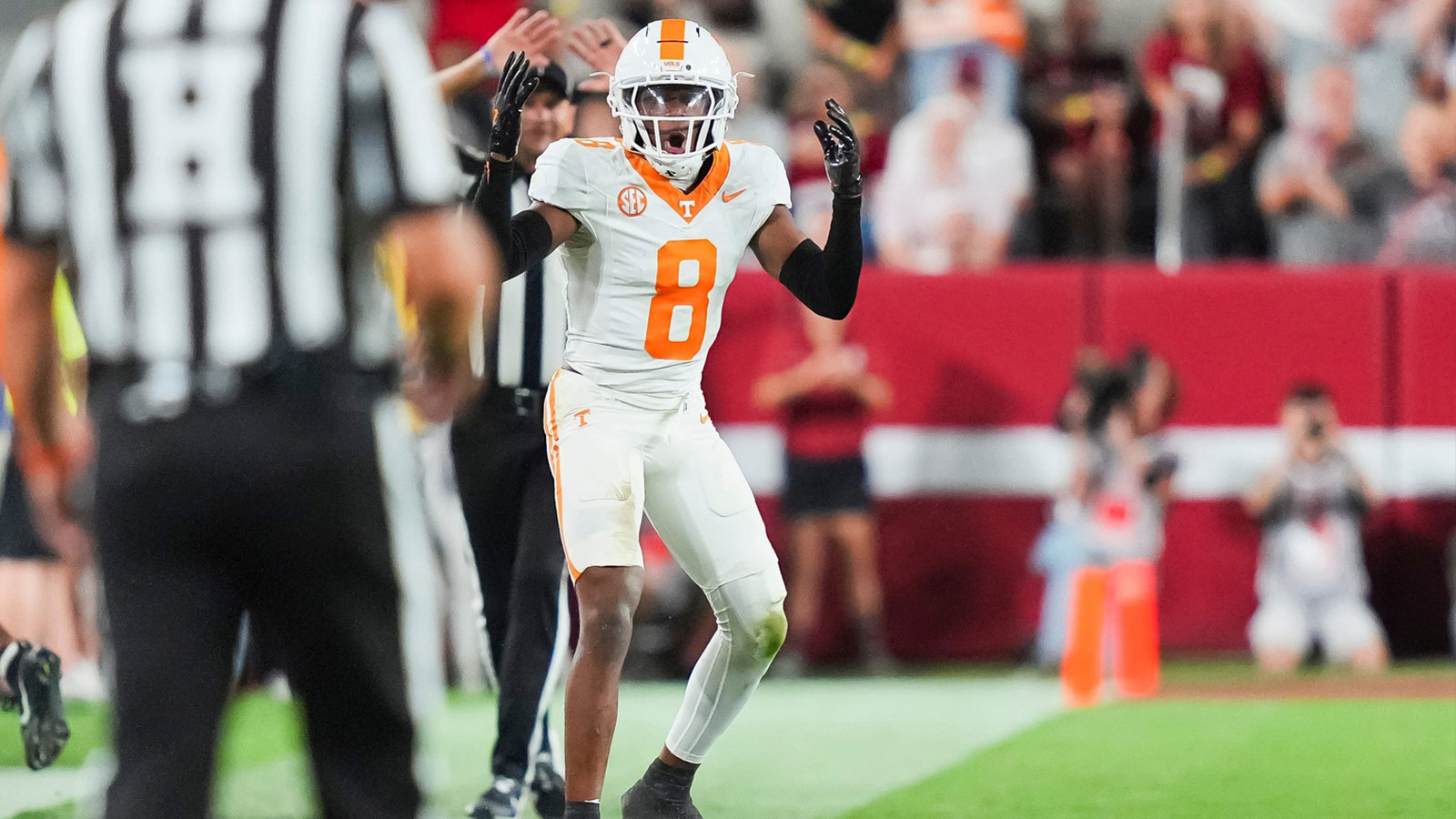 Tennessee defensive back Colton Hood (8) doesn't like the penalty call during a college football game between Tennessee and Alabama at Bryant-Denny Stadium in Tuscaloosa, Ala., on Oct. 18, 2025.