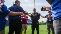 Colts offensive coordinator Jim Bob Cooter talks with press Wednesday, June 5, 2024, ahead of practice at the Colts Practice Facility in Indianapolis.