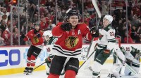 Chicago Blackhawks center Connor Bedard (98) celebrates his gaol against the Minnesota Wild during the second period at United Center.