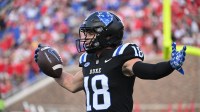 Duke Blue Devils wide receiver Cooper Barkate (18) celebrates a touchdown during the third quarter against the NC State Wolfpack at Wallace Wade Stadium.