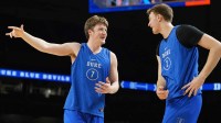 Apr 4, 2025; San Antonio, TX, USA; Duke Blue Devils guard Kon Knueppel (7) and guard Cooper Flagg (2) during a practice session for the Final Four of the 2025 NCAA tournament at Alamodome. Mandatory Credit: Bob Donnan-Imagn Images
