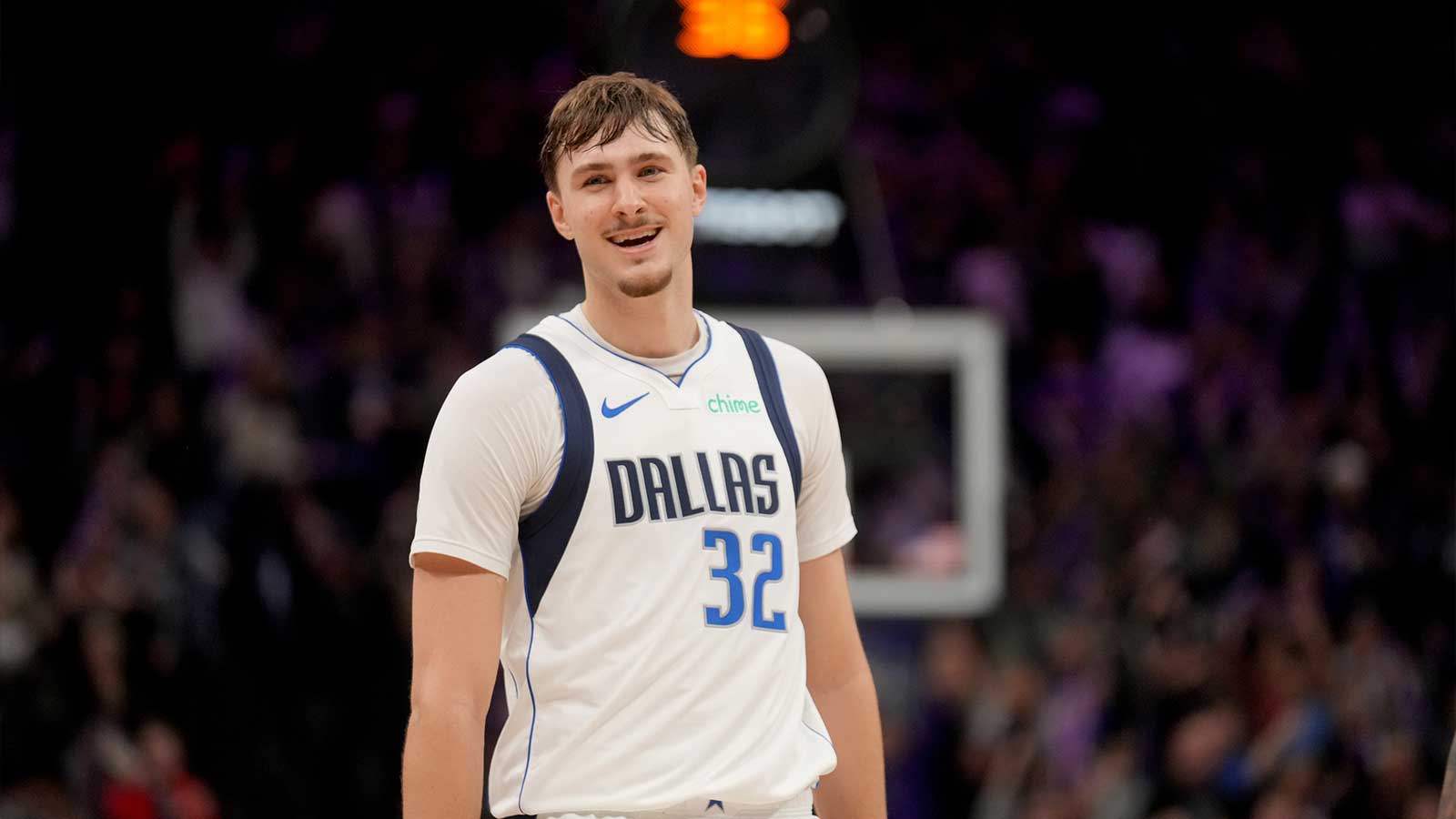 Dallas Mavericks forward Cooper Flagg (32) reacts after a foul was called during action against the Sacramento Kings in the fourth quarter at the Golden 1 Center.