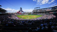 General wide angle view of Coors Field during the game between the Los Angeles Angels against the Colorado Rockies.