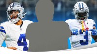 Mystery player in the middle, Dak Prescott, George Pickens around him, Dallas Cowboys wallpaper in the background